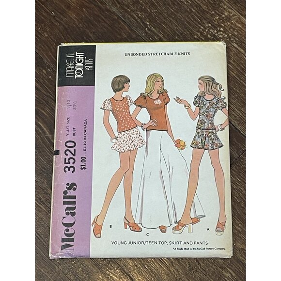McCall's 3520 Pattern Vintage 1970s Junior Teen Top Skirt Pants Size 9/10 UNCUT - Picture 1 of 4